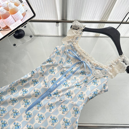 Sexy A line Straps Floral Blue Summer Dress Holiday Party Birthday Outfits For Women DP0144