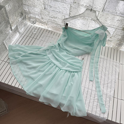 Cute A line One Shoulder Green Chiffon Short Summer Dress Holiday Party Birthday Outfits DP0147