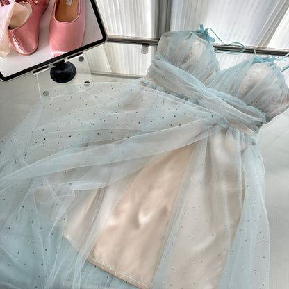 Sexy A Line Spaghetti Straps Blue Tulle Summer Dress Holiday Party Birthday Outfits For Teens DP0142