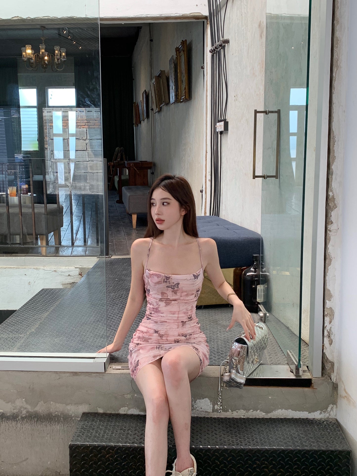 Sexy slim backless camisole hip skirt with butterfly print ED0469