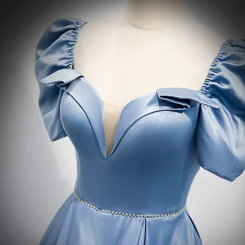 Simple A line Satin Light Sky Blue Long Prom Dresses SH219