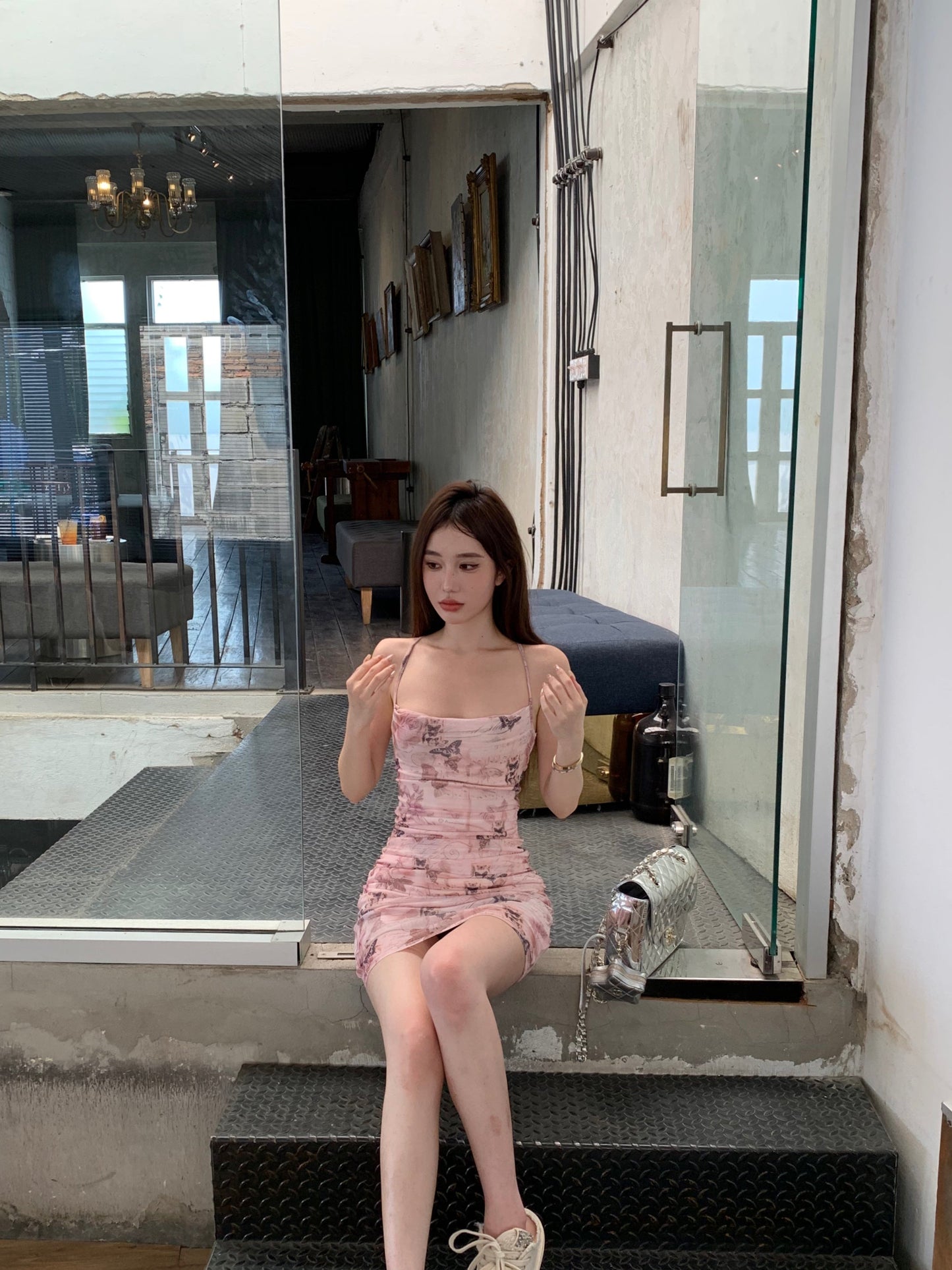 Sexy slim backless camisole hip skirt with butterfly print ED0469