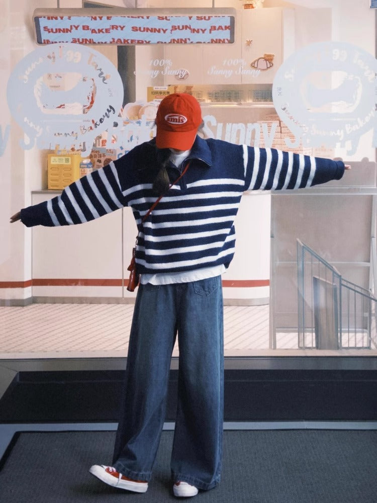 French lapel striped long-sleeved half-zip sweater ED0329