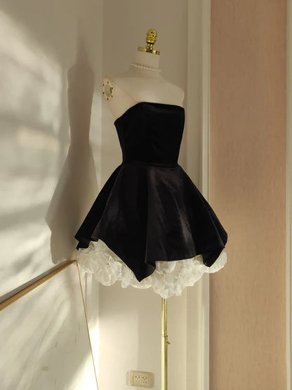 Cute A Line Strapless Velvet Black Holiday Dress Travel Vacation Dresses Short Birthday Dress SH2892