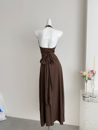 Sexy Sheath Halter Summer Brown Long Dress Holiday Party Outfits For Women DP0030