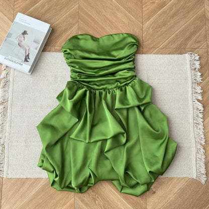 Cute A line Strapless Green Satin Short Summer Dress Holiday Party Birthday Outfits DP0145