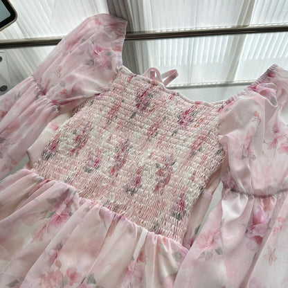 Cute A line Square Neckline Floral Pink Short Summer Dress Holiday Party Birthday Outfits DP0139