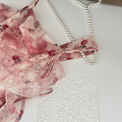 Sweet A Line Straps Pink Floral Summer Short Dresses DP0014