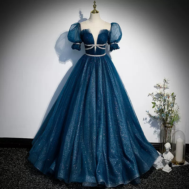 Princess Tulle Blue Short Sleeves Long Prom Dresses SH042
