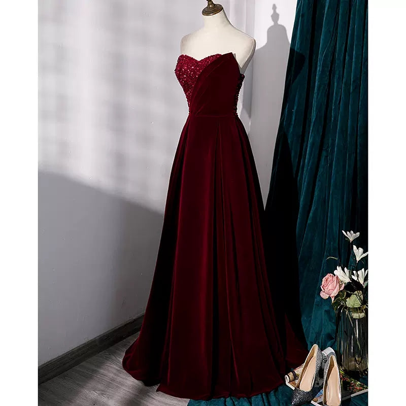 Simple A line Velvet Red Long Prom Dresses SH224