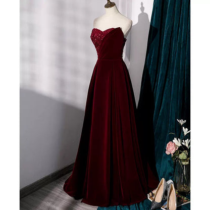 Simple A line Velvet Red Long Prom Dresses SH224