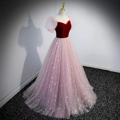Princess Pink Short Sleeves Tulle Prom Dresses Sexy Evening Dress SH095