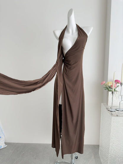 Sexy Sheath Halter Summer Brown Long Dress Holiday Party Outfits For Women DP0030