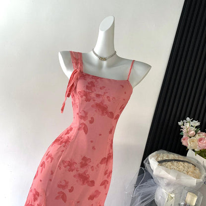 Sexy A line Spaghetti Straps Floral Long Pink Floral Dress Holiday Party Outfits For Women DP0032