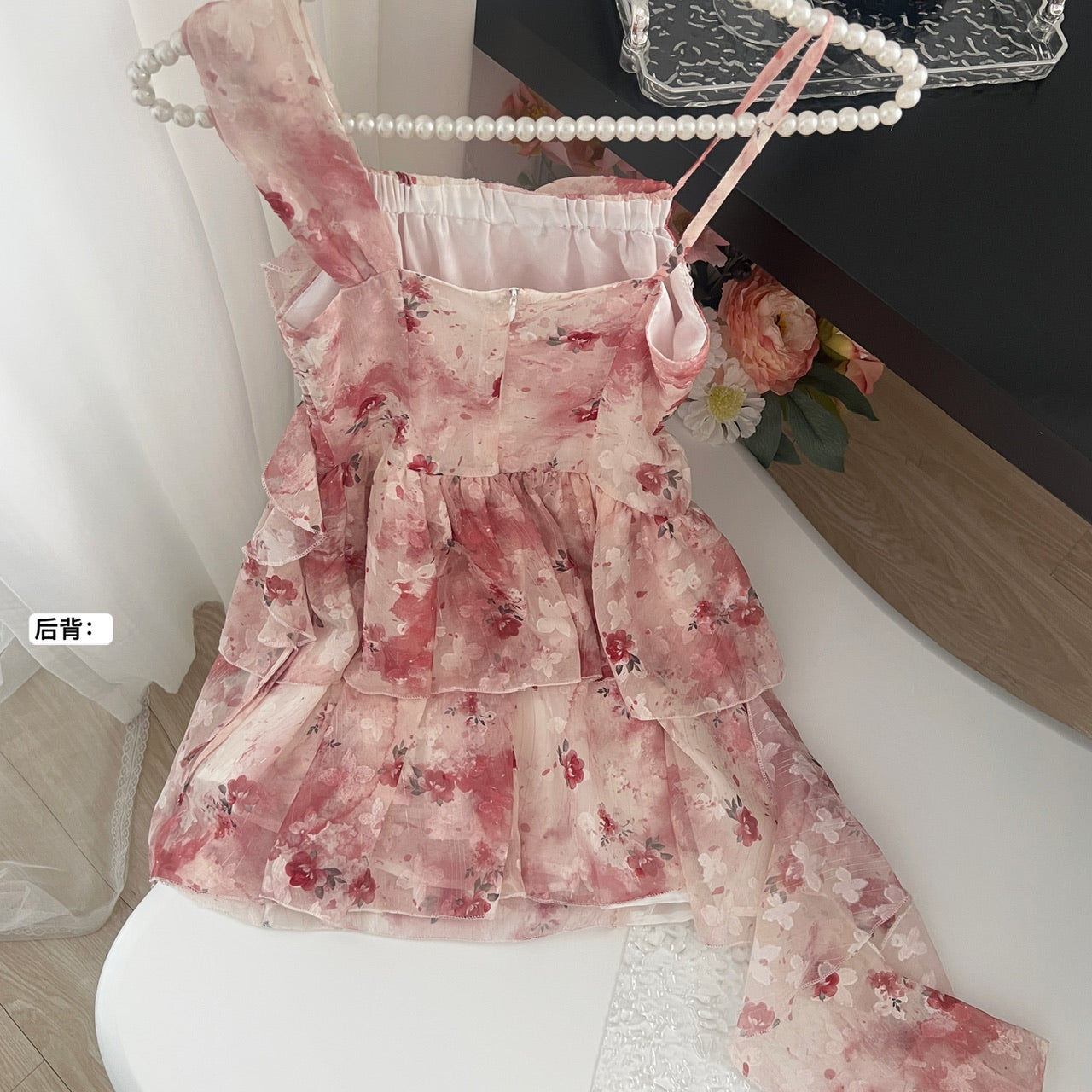 Sweet A Line Straps Pink Floral Summer Short Dresses DP0014