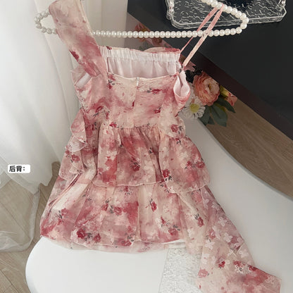 Sweet A Line Straps Pink Floral Summer Short Dresses DP0014