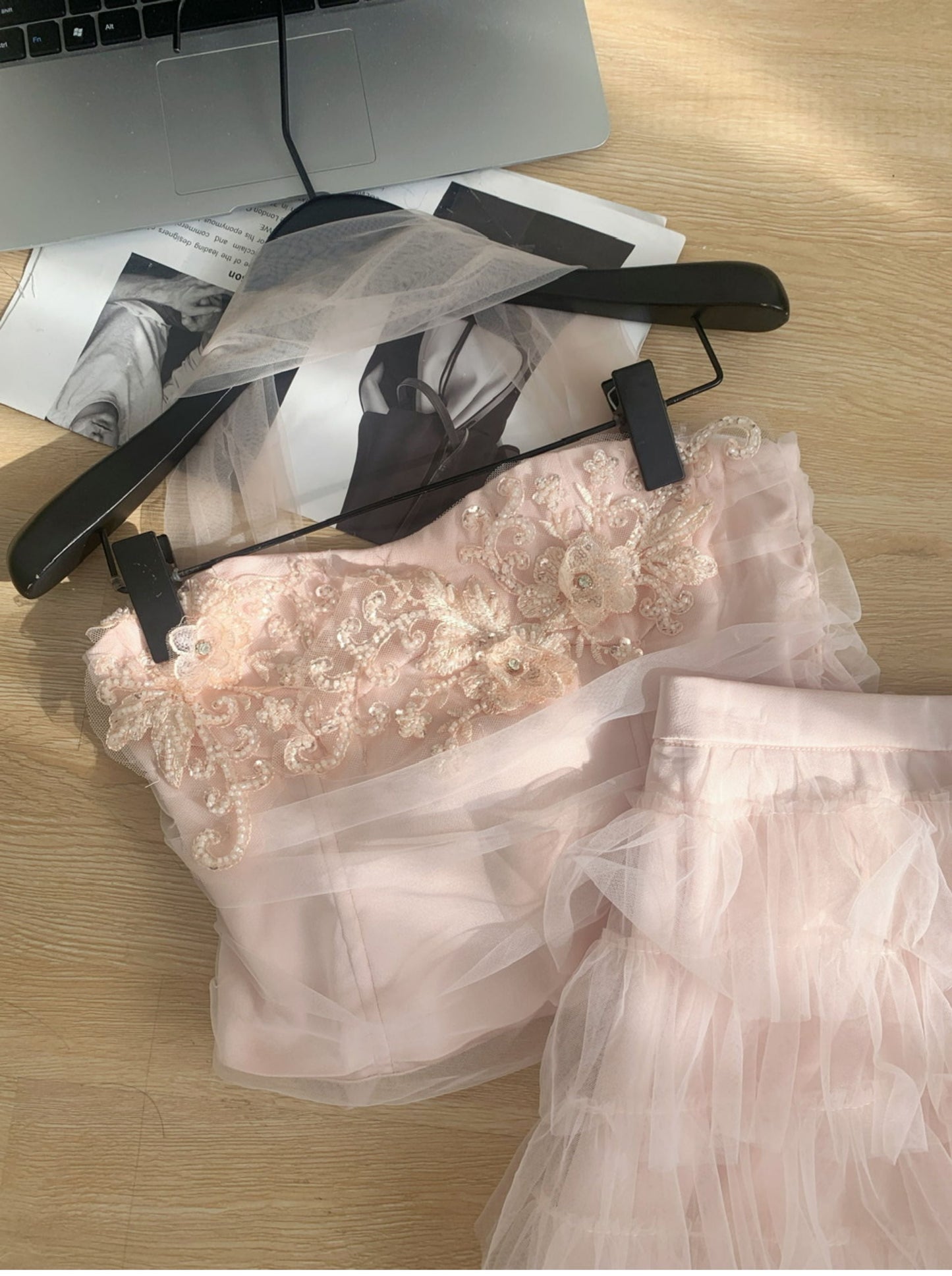 Cute Spaghetti Straps Pink Ruffles Tulle Summer Dress 2 Pieces Holiday Party Outfits For Women DP0094