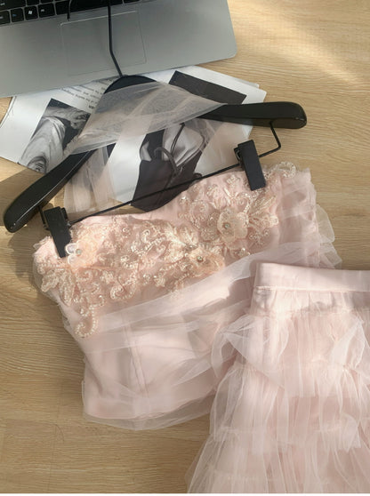 Cute Spaghetti Straps Pink Ruffles Tulle Summer Dress 2 Pieces Holiday Party Outfits For Women DP0094