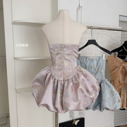 Cute Ball Gown Strapless Satin Floral Pink Short Summer Dress Holiday Party Outfits For Women DP0097