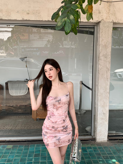 Sexy slim backless camisole hip skirt with butterfly print ED0469