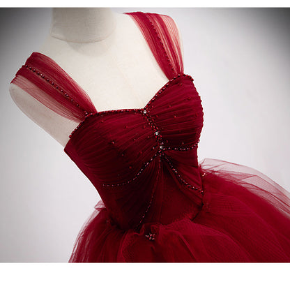 Ball Gown Burgundy Tulle Long Prom Dresses SH046
