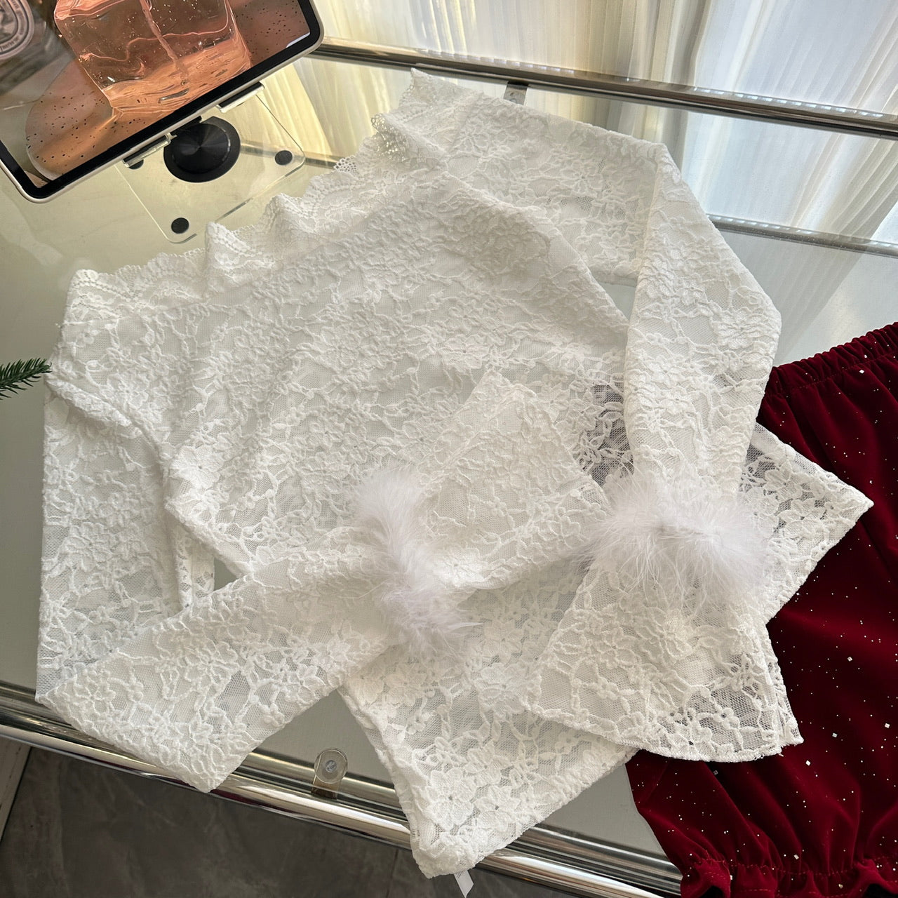 Cute Spaghetti Straps Red Ruffles Velvet Summer Dress 3 Pieces Holiday Party Outfits For Women DP0092