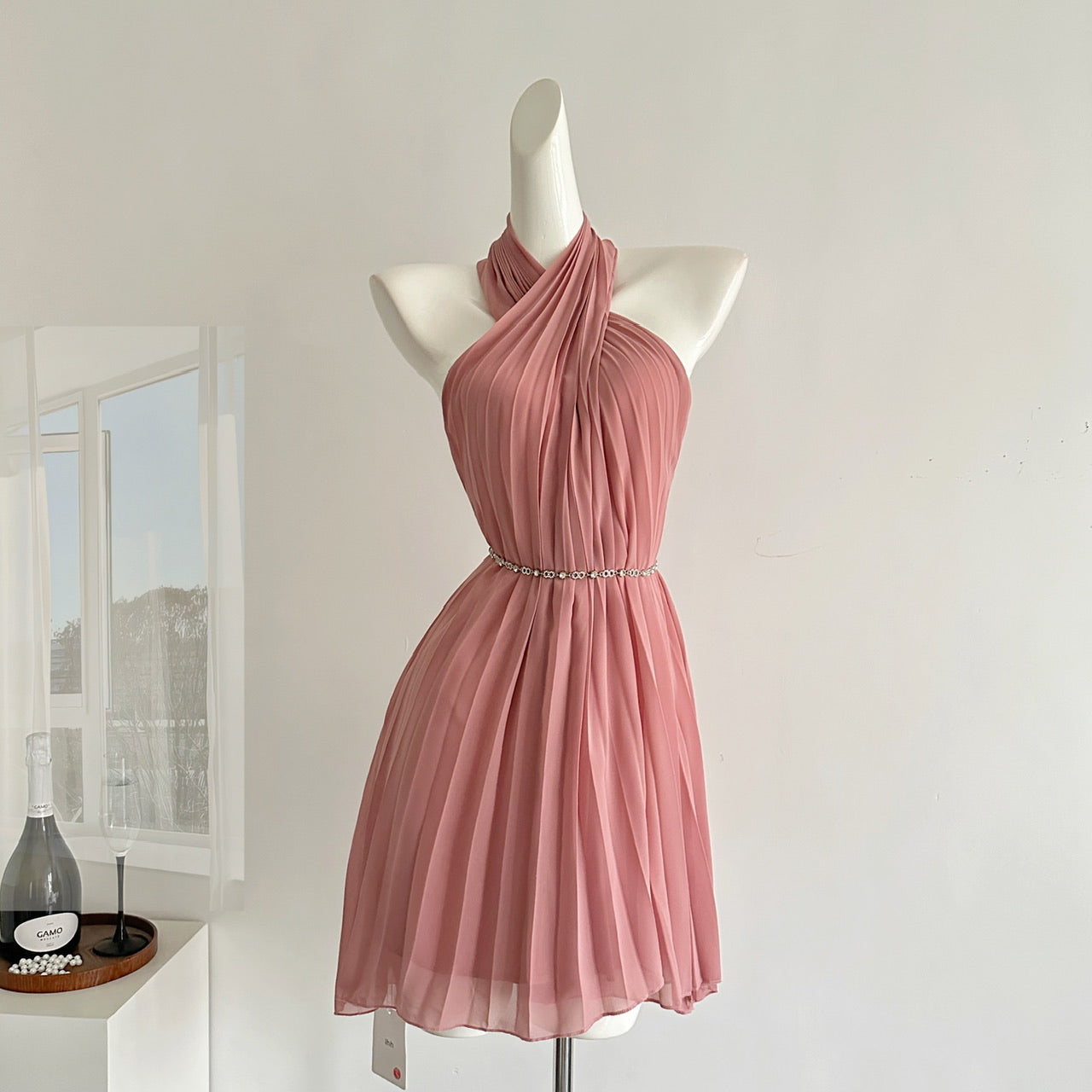 Sexy A line Halter Neckline Pink Short Chiffon Summer Dress Holiday Party Outfits For Women DP0119