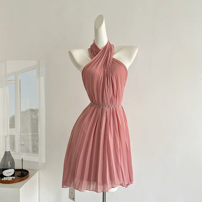 Sexy A line Halter Neckline Pink Short Chiffon Summer Dress Holiday Party Outfits For Women DP0119