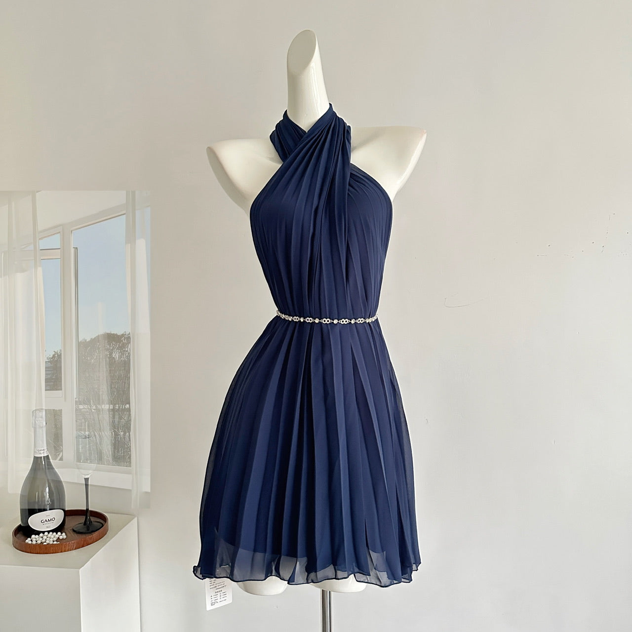 Sexy A line Halter Neckline Pink Short Chiffon Summer Dress Holiday Party Outfits For Women DP0119