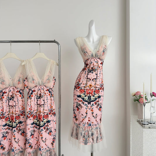 Cute Mermaid V Neckline Floral Pink Lace Long Summer Dress For Women DP0025