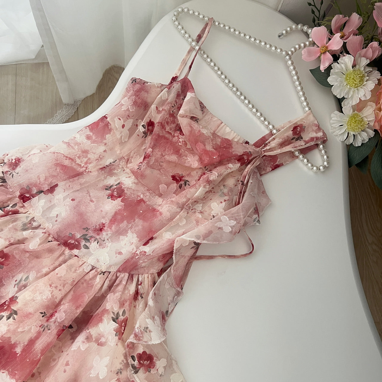 Sweet A Line Straps Pink Floral Summer Short Dresses DP0014