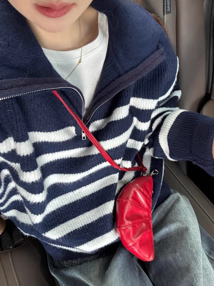 French lapel striped long-sleeved half-zip sweater ED0329