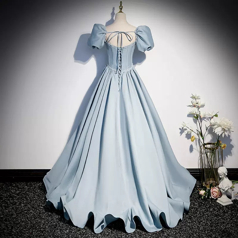 Simple A line Light Sky Blue Satin Long Prom Dresses SH047