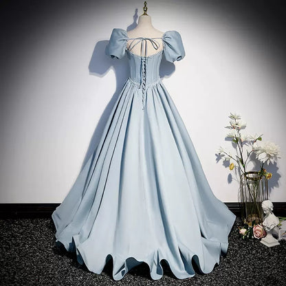 Simple A line Light Sky Blue Satin Long Prom Dresses SH047