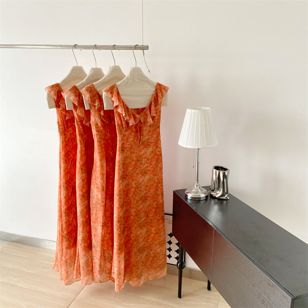 Sexy A line Jewel Summer Orange Chiffon Dress Holiday Party Outfits For Women DP0029