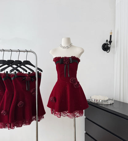 Sexy A line Strapless Summer Burgundy Velvet Dress Holiday Party Outfits For Women DP0028