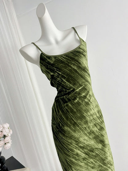 Sexy Mermaid Spaghetti Straps Velvet Green Summer Dress Holiday Party Outfits For Women DP0093