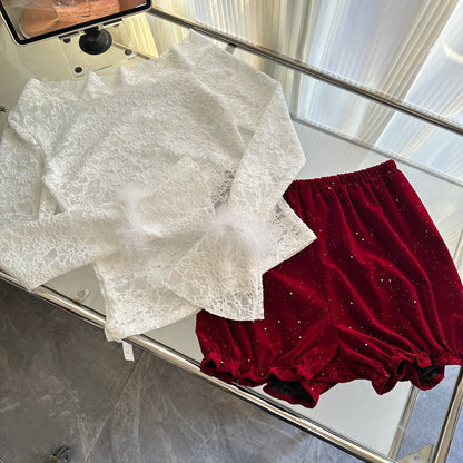 Cute Spaghetti Straps Red Ruffles Velvet Summer Dress 3 Pieces Holiday Party Outfits For Women DP0092