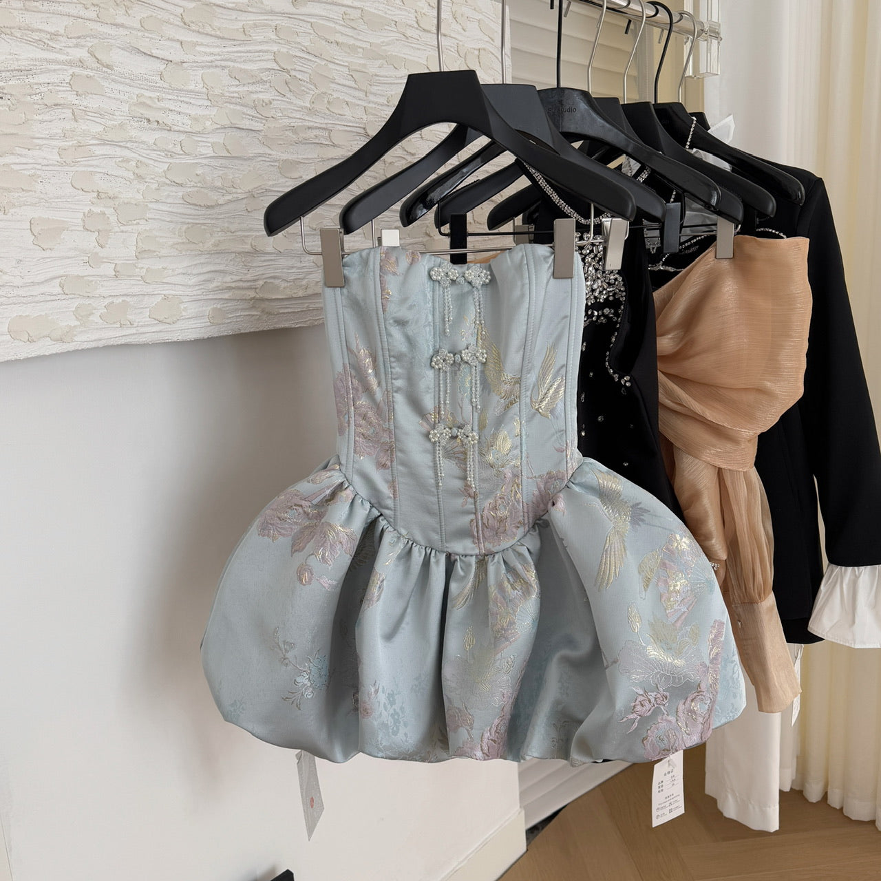 Cute Ball Gown Strapless Satin Floral Pink Short Summer Dress Holiday Party Outfits For Women DP0097