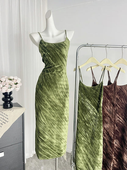 Sexy Mermaid Spaghetti Straps Velvet Green Summer Dress Holiday Party Outfits For Women DP0093