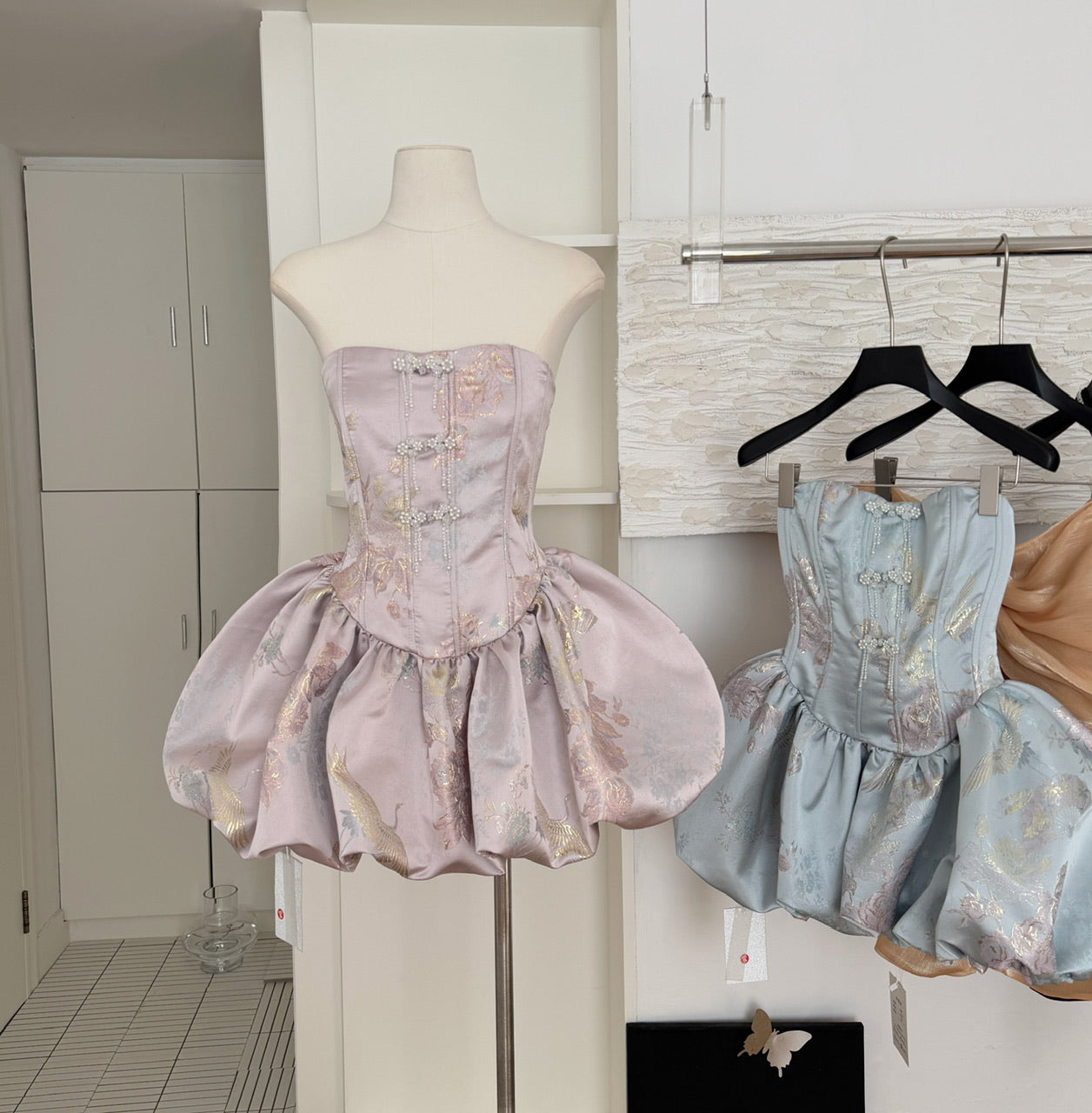 Cute Ball Gown Strapless Satin Floral Pink Short Summer Dress Holiday Party Outfits For Women DP0097