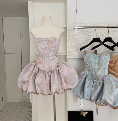 Cute Ball Gown Strapless Satin Floral Pink Short Summer Dress Holiday Party Outfits For Women DP0097