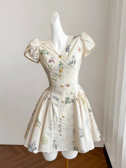 French retro plant print homecoming dress for women summer short niche design 11288