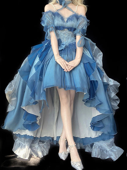 Beautiful High Low Off The Shoulder Short Sleeves Blue Rose Floral 16th Chiffon Birthday Dress Lolita Dress 18th Birthday Outfits W1223