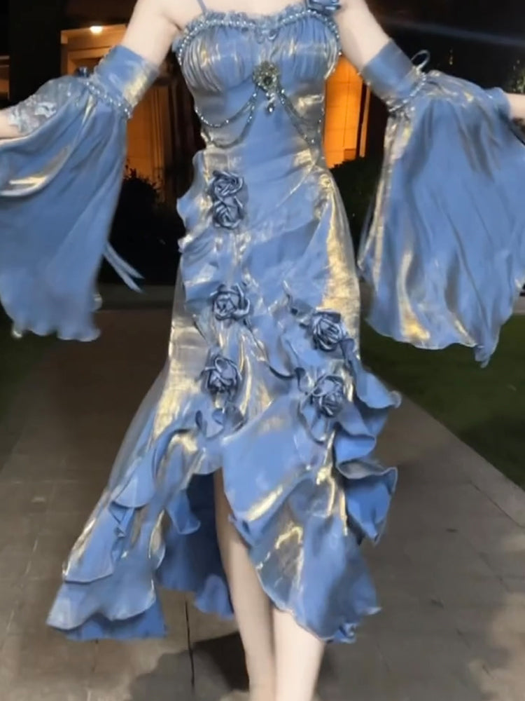 Vintage Mermaid Spaghetti Straps Blue Long Summer 18th Birthday Dress Lolita Dresses Birthday Outfits W1225