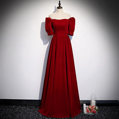 Simple A line Red Velvet Long Prom Dresses SH210