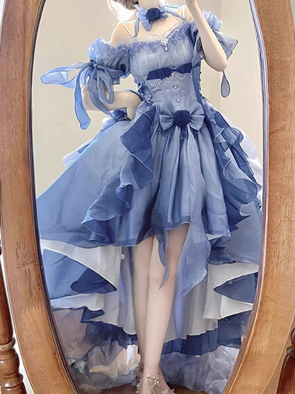 Vintage High Low Off The Shoulder Short Sleeves 16th Blue Birthday Dress Lolita Dress Birthday Outfits DP0224