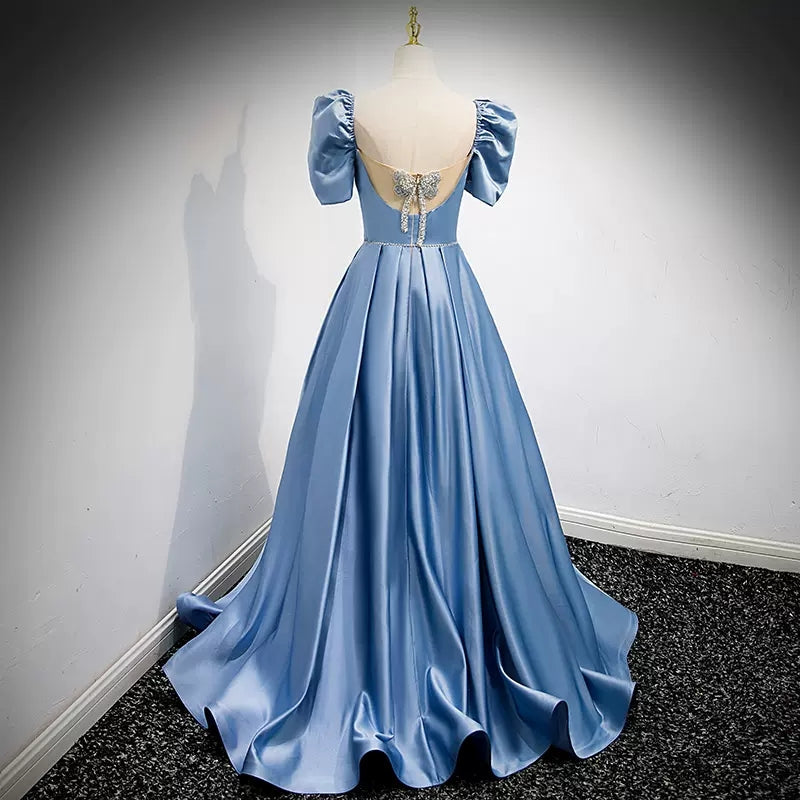 Simple A line Satin Light Sky Blue Long Prom Dresses SH219