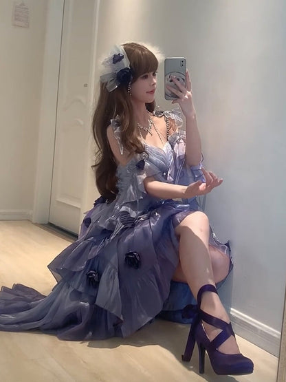 Vintage Ball Gown Spaghetti Straps Grape Chiffon Summer 18th Birthday Dress High Low Ombre Blue Pearls Lolita Dress Birthday Outfits W1246