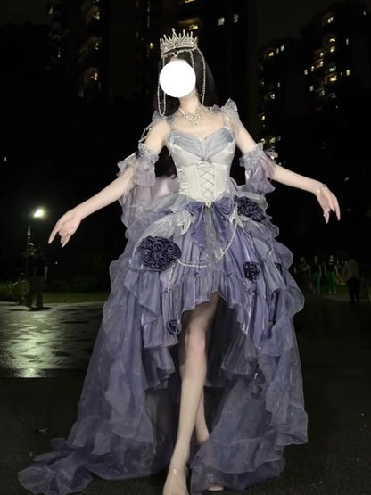 Vintage Ball Gown Spaghetti Straps Grape Chiffon Summer 18th Birthday Dress High Low Ombre Blue Pearls Lolita Dress Birthday Outfits W1253